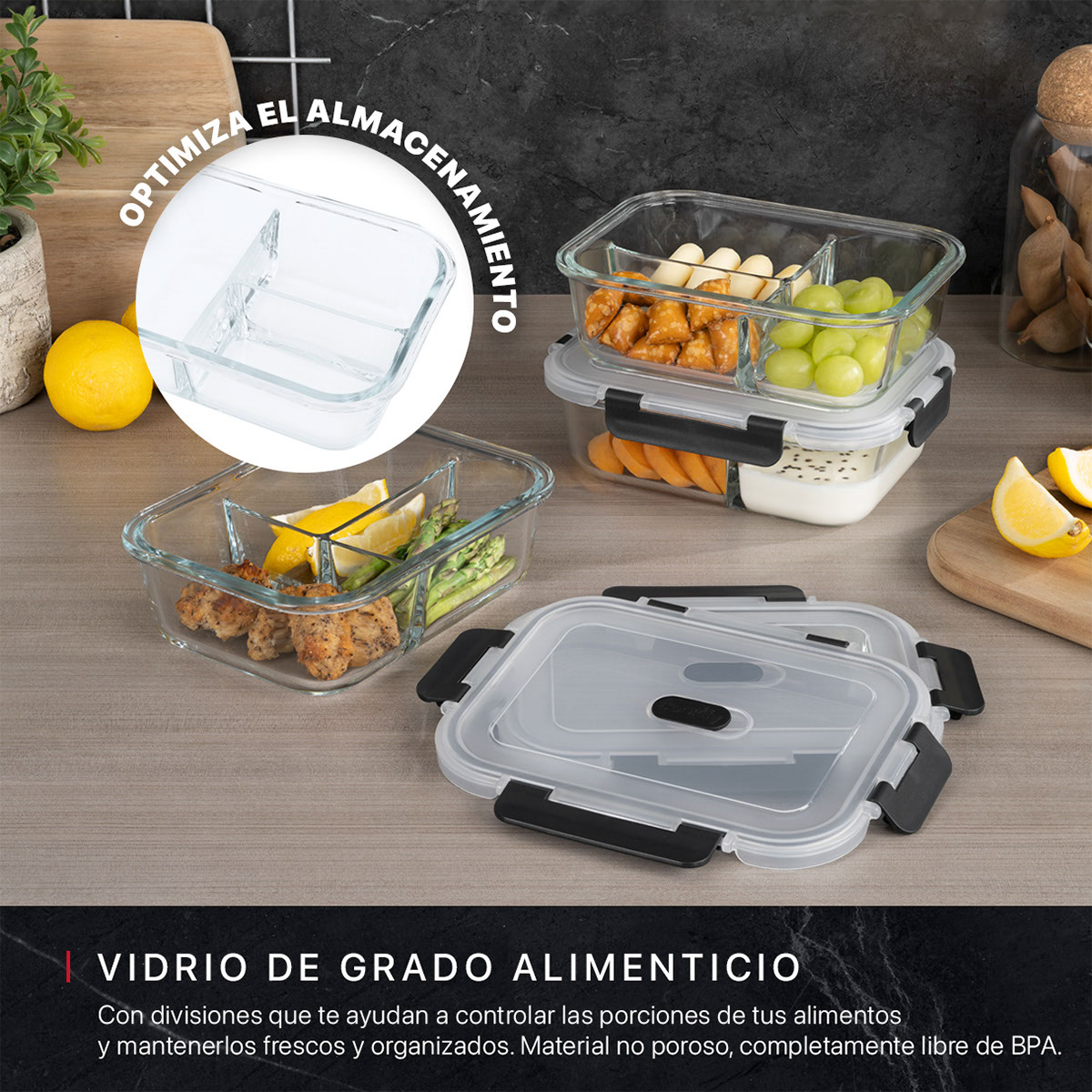 Foto 2 | Set De 3 Contenedores De Vidrio Con Tapa Cookify Con Divisiones  Herméticos