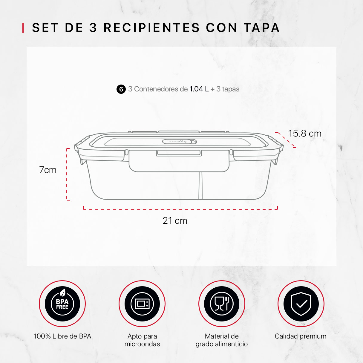 Foto 4 pulgar | Set De 3 Contenedores De Vidrio Con Tapa Cookify Con Divisiones  Herméticos