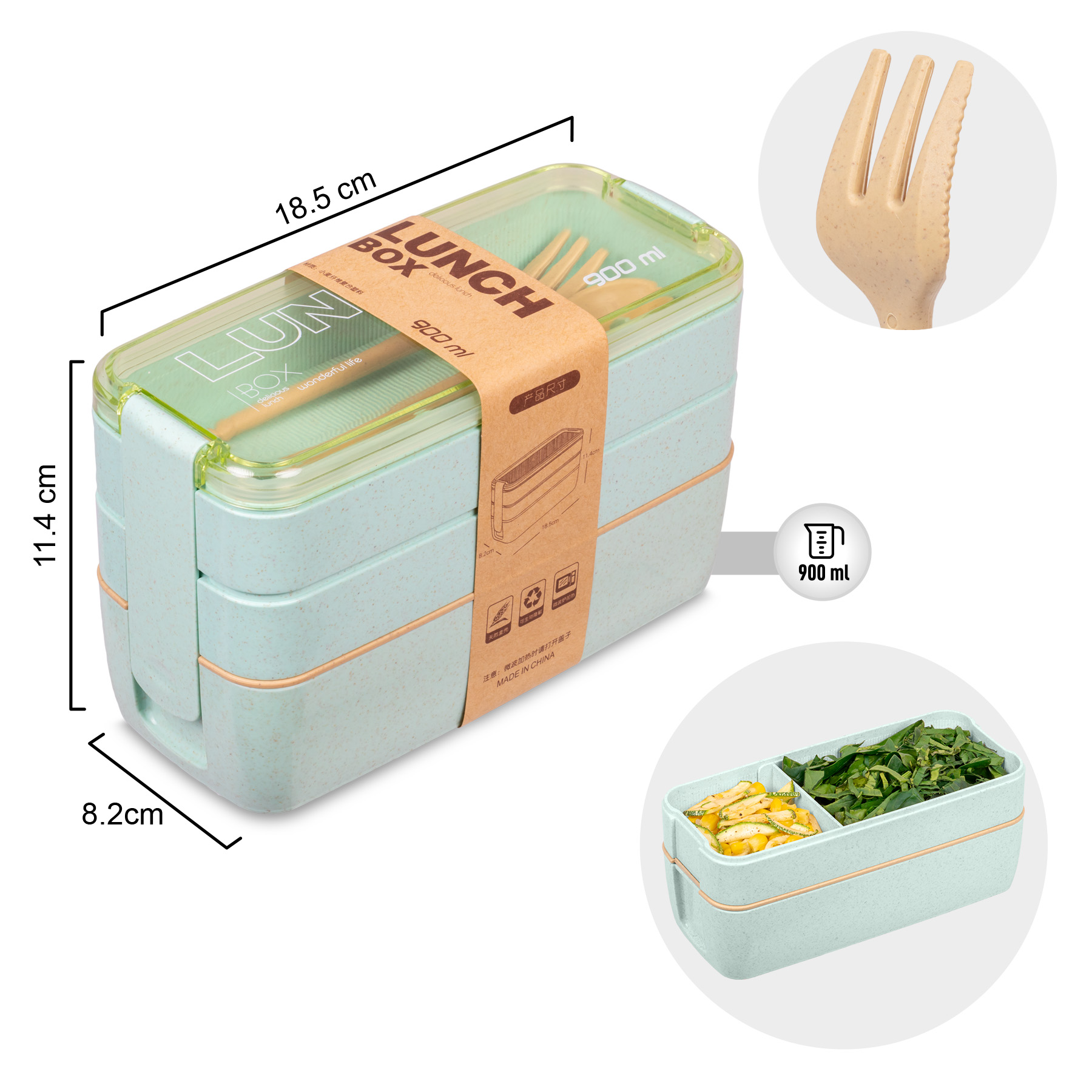 Foto 5 pulgar | Magmalife Lonchera Bento Box Con 3 Compartimentos  900ml  A Prueba De Fugas  Microondas  Con Cuchara Y Tenedor (verde)