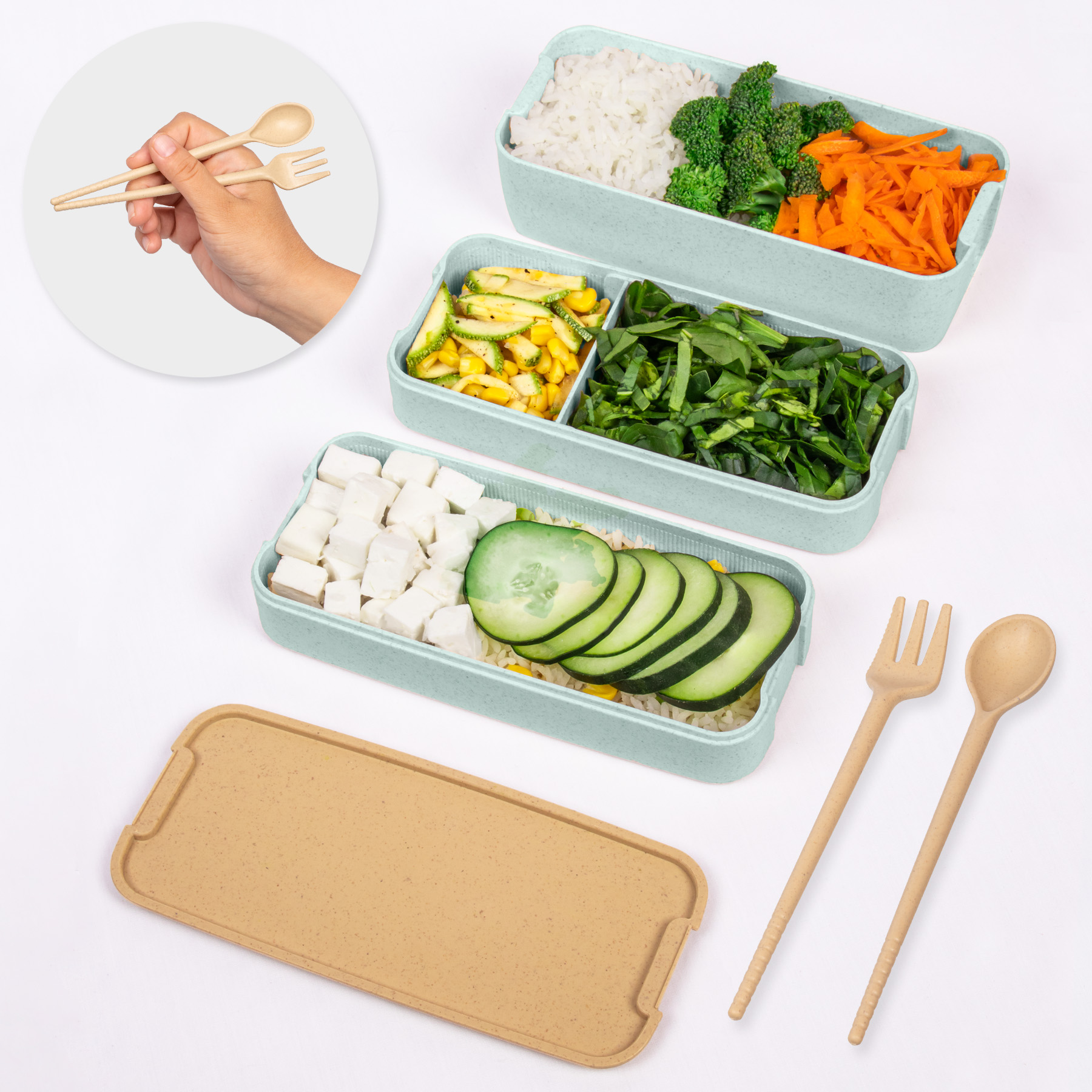 Foto 7 pulgar | Magmalife Lonchera Bento Box Con 3 Compartimentos  900ml  A Prueba De Fugas  Microondas  Con Cuchara Y Tenedor (verde)