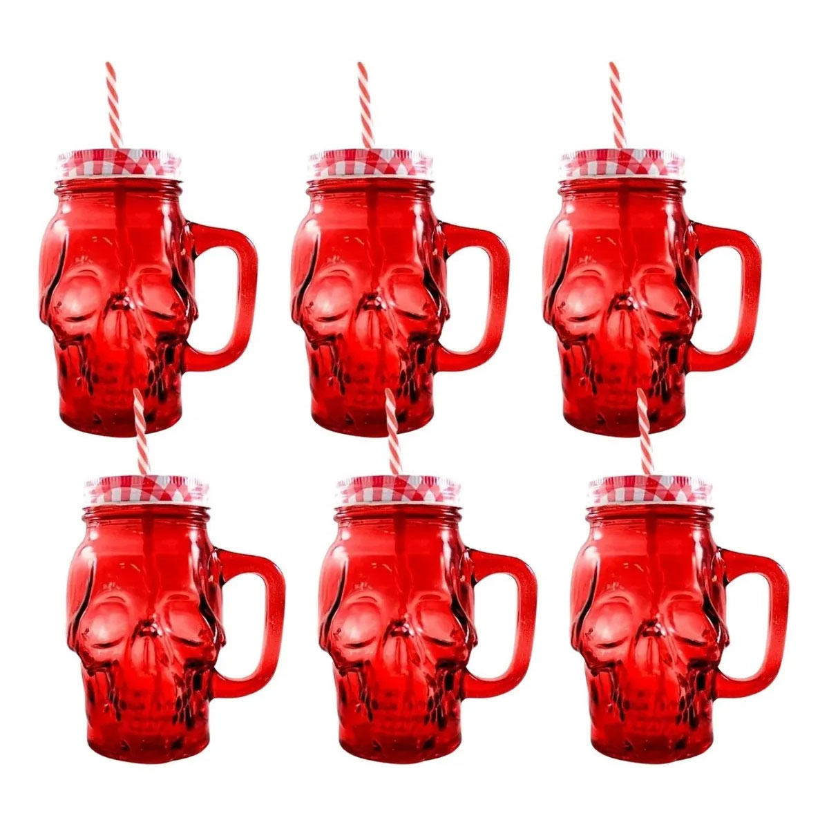 Frasco de Vidrio Calavera color Rojo 16oz./473ml. Drink Lab - 6 Piezas