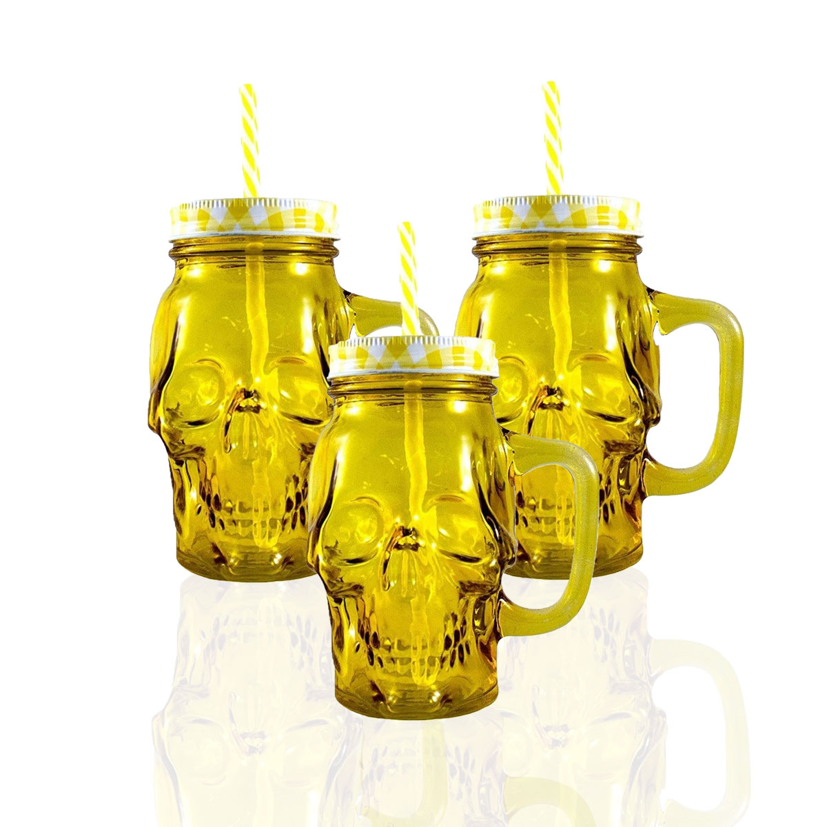 Foto 2 pulgar | Set de 3 pz Frasco de Vidrio Calavera  Drink Lab Amarillo 16oz/473ml