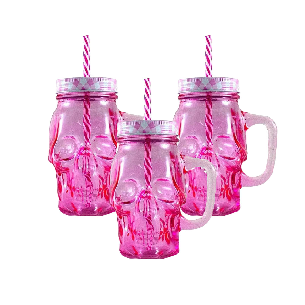 Foto 2 pulgar | Frasco de Vidrio Calavera color Rosa 16oz./473ml. Drink Lab 3 Piezas