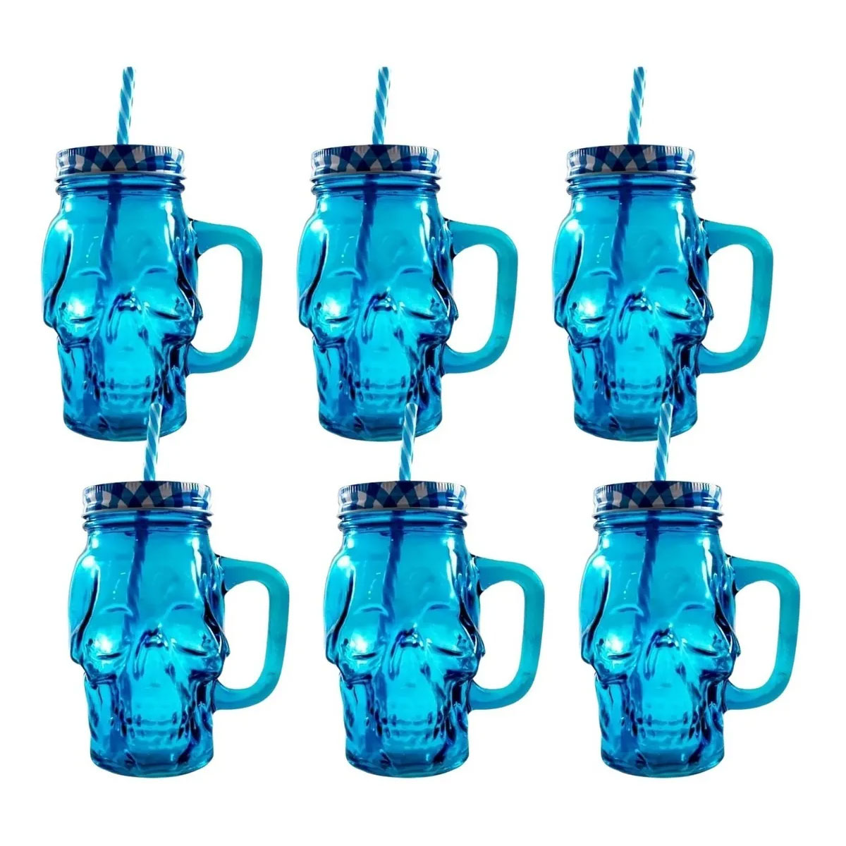 Set 6 pz Frasco de Vidrio Calavera Drink Lab Azul 16oz/ 473ml