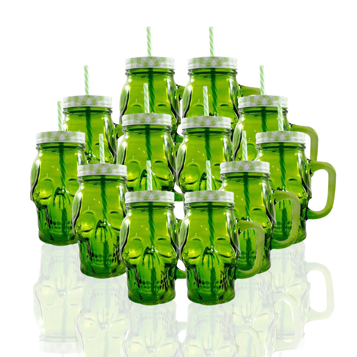 Set 12 pz Frasco de Vidrio Calavera Drink Lab Verde 16oz/ 473ml