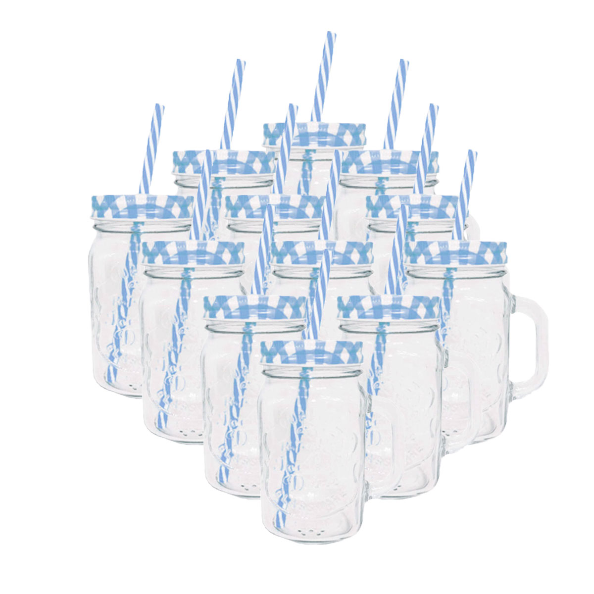 Set 12 pz de Frasco de Vidrio Grabado Drink Lab Transparente Tapa Azul 16oz/ 473ml