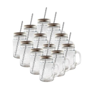 Foto 1 | Set 12 pz Frasco de Vidrio Grabado Drink Lab Transparente Tapa Plateada 16oz/ 473ml