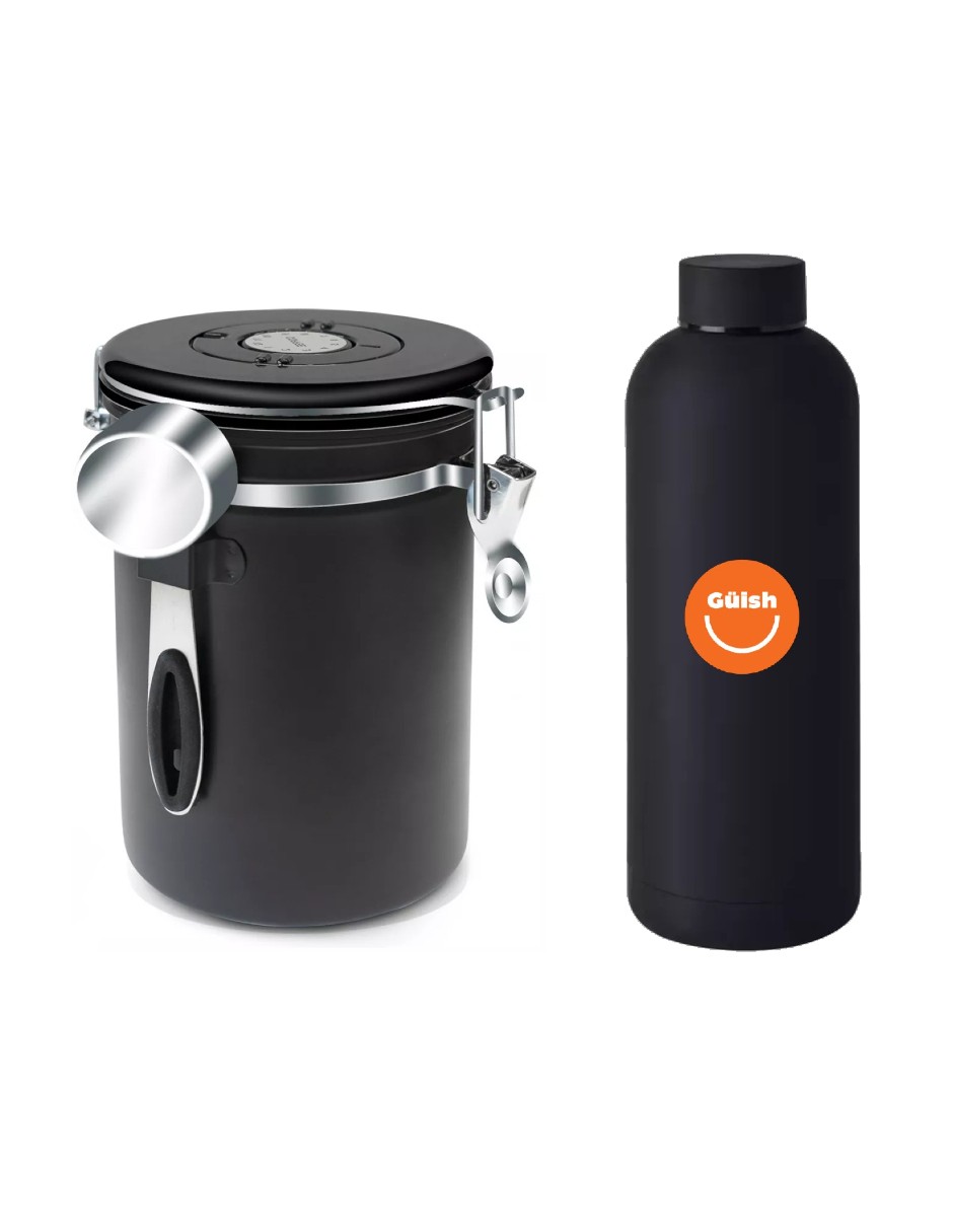 Bote Para Café Hermética De Acero Inoxidable Negro + Termo Güish Gratis
