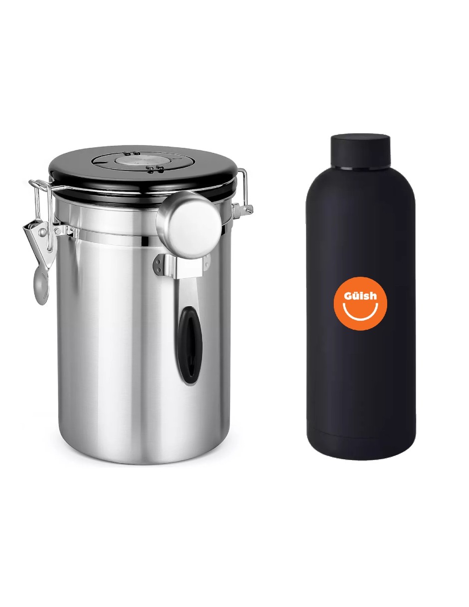 Bote Para Café Hermética De Acero Inoxidable Plateado + Termo Güish Gratis