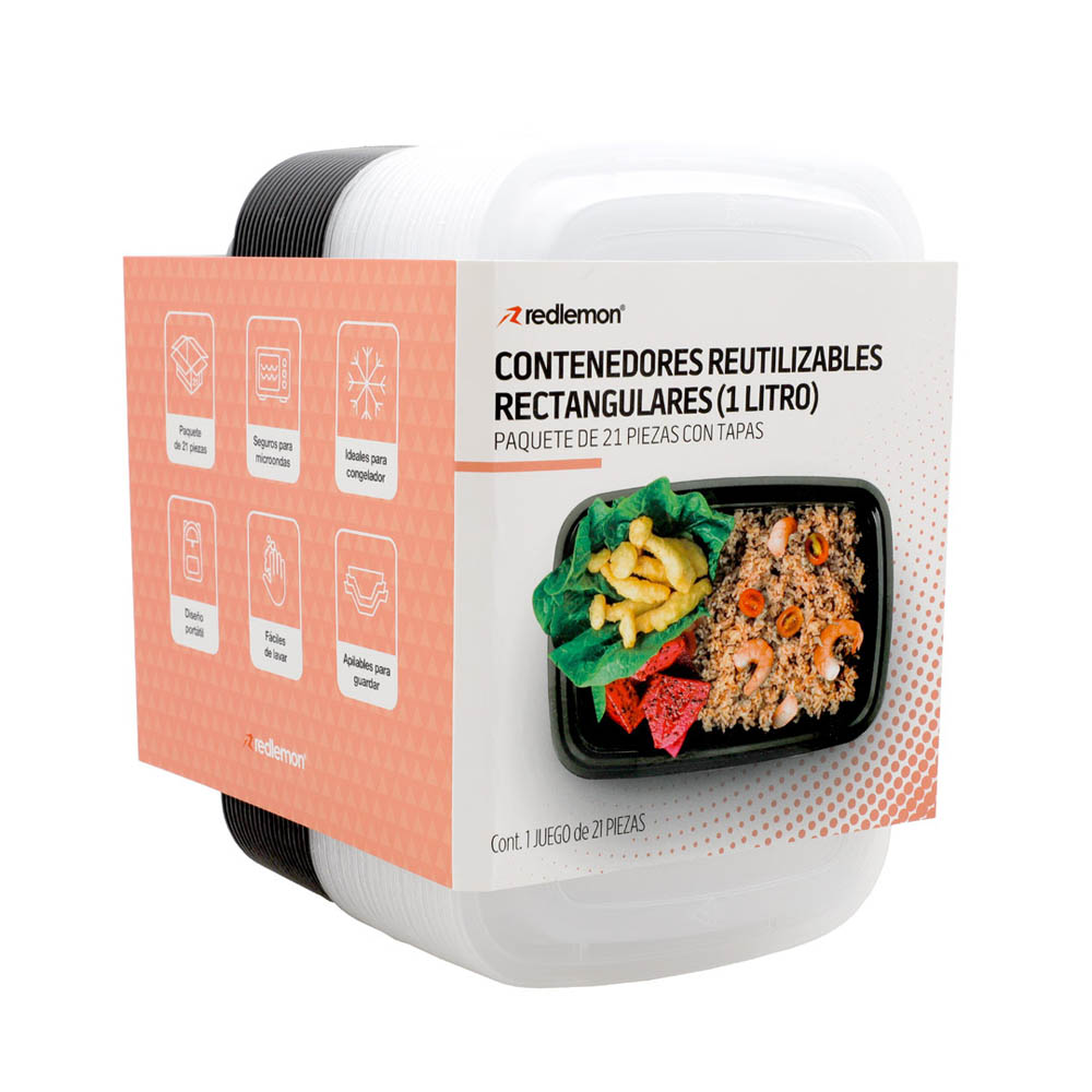 Foto 4 pulgar | Contenedores para Alimentos Redlemon color Negro Reutilizables de 1 l Contiene 21 Piezas