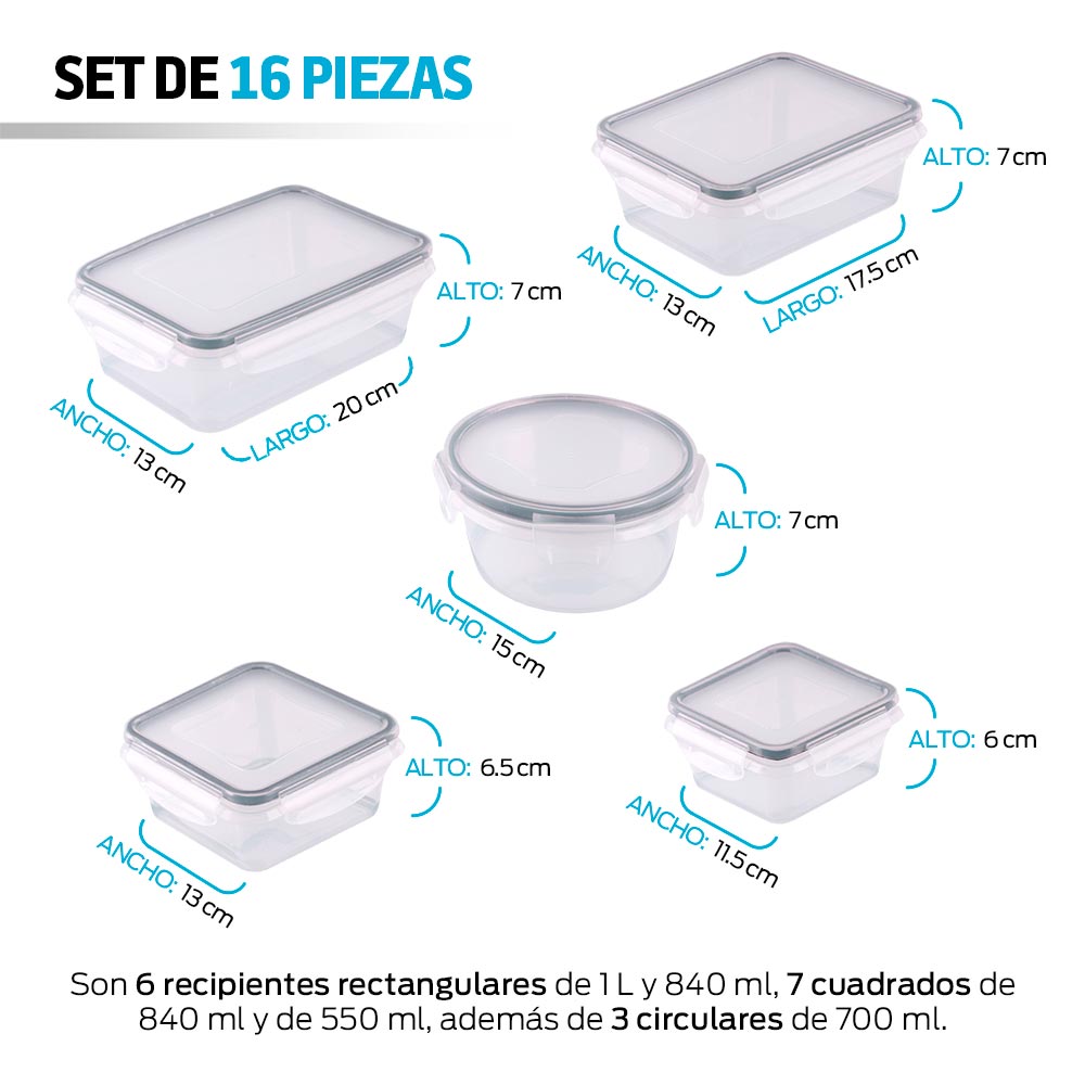 Foto 4 | Contenedores Redlemon 83104-Bl Transparente para Alimentos Reutilizables de Plástico Rígido 16 Piezas con Tapa