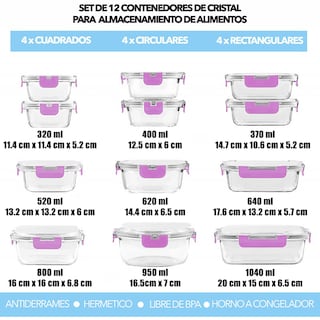 Foto 4 | Juego De 12 Recipientes De Vidrio Con Tapa Para Almacenamiento De Comidas Color Rosa