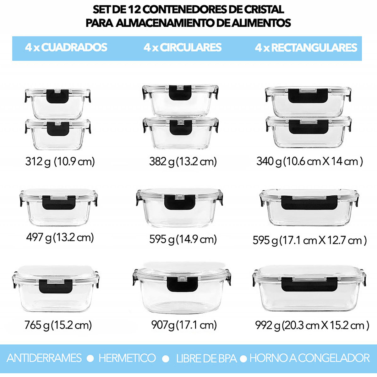 Foto 4 pulgar | Juego De 12 Recipientes De Vidrio Con Tapa Para Almacenamiento De Comidas Color Negro