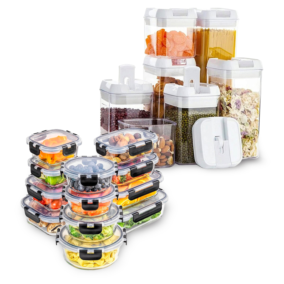 Kit Contenedores Herméticos Brandtrendy 7 Contenedores De Plástico + 12 De Vidrio Transparentes Para Almacenar Aliment