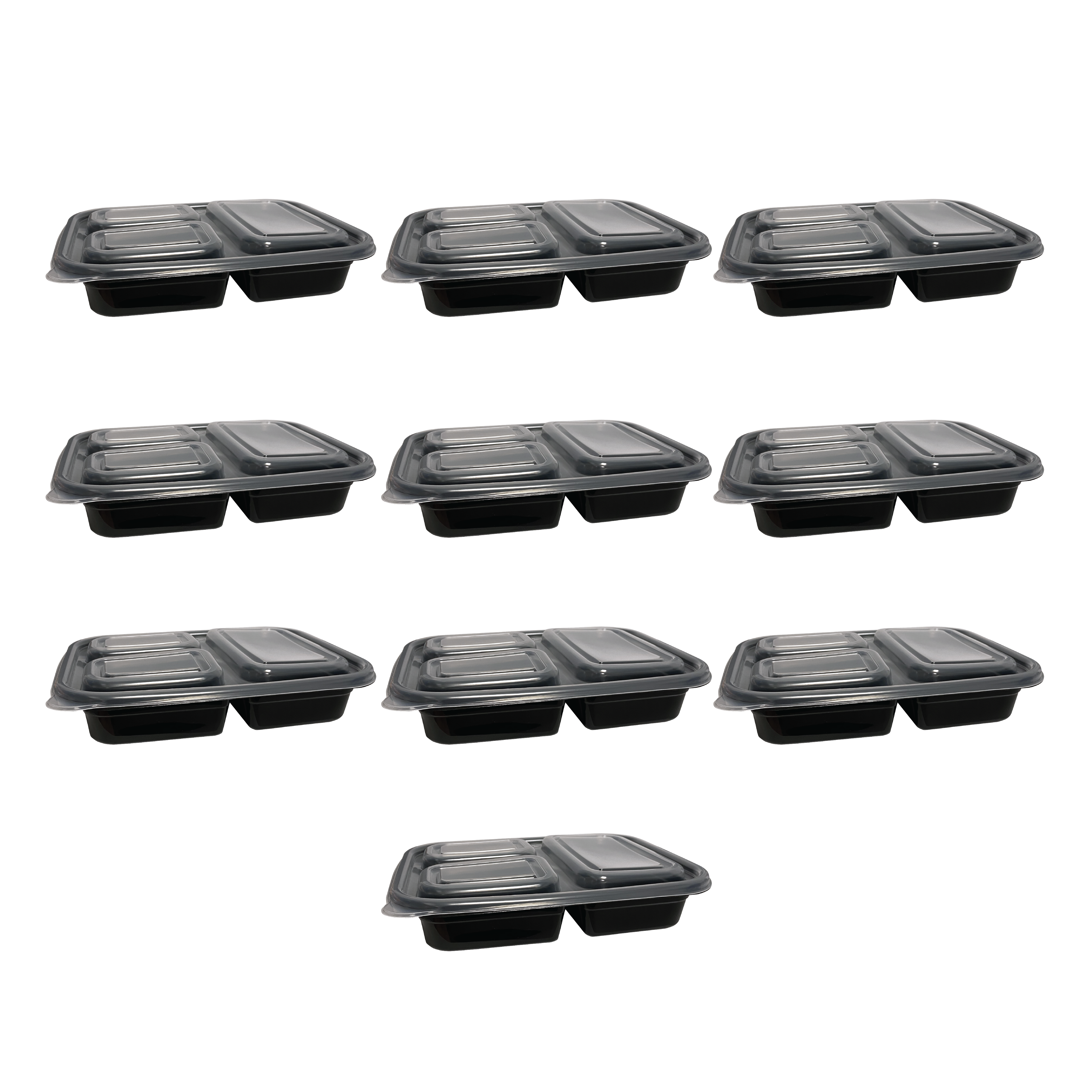 Set 10 Contenedores Para Alimentos De Plástico Rectangular 3 Divisiones  20 Piezas Con Tapa Color Negro