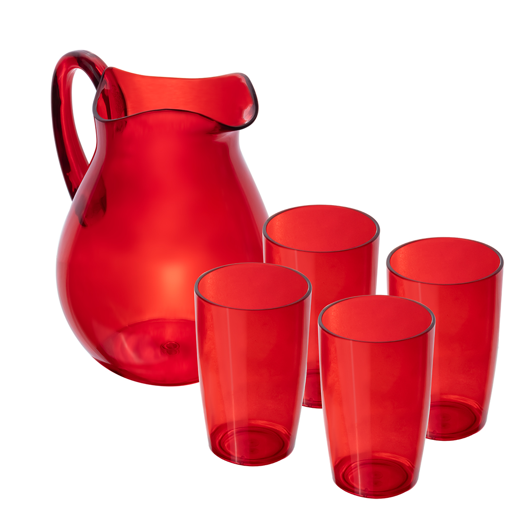 Set De Jarra Transparente Roja Con 4 Vasos – Plástico Resistente