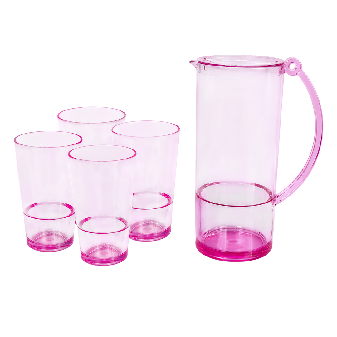 Set De Jarra Transparente Rosa Con 4 Vasos – Plástico Resistente