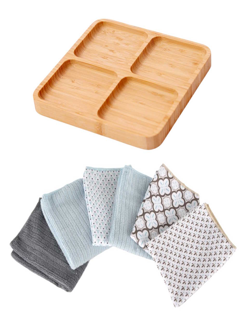 Set De Charola En Bambú Con Div Y Toallitas Adsorventes Para Cocina Zense