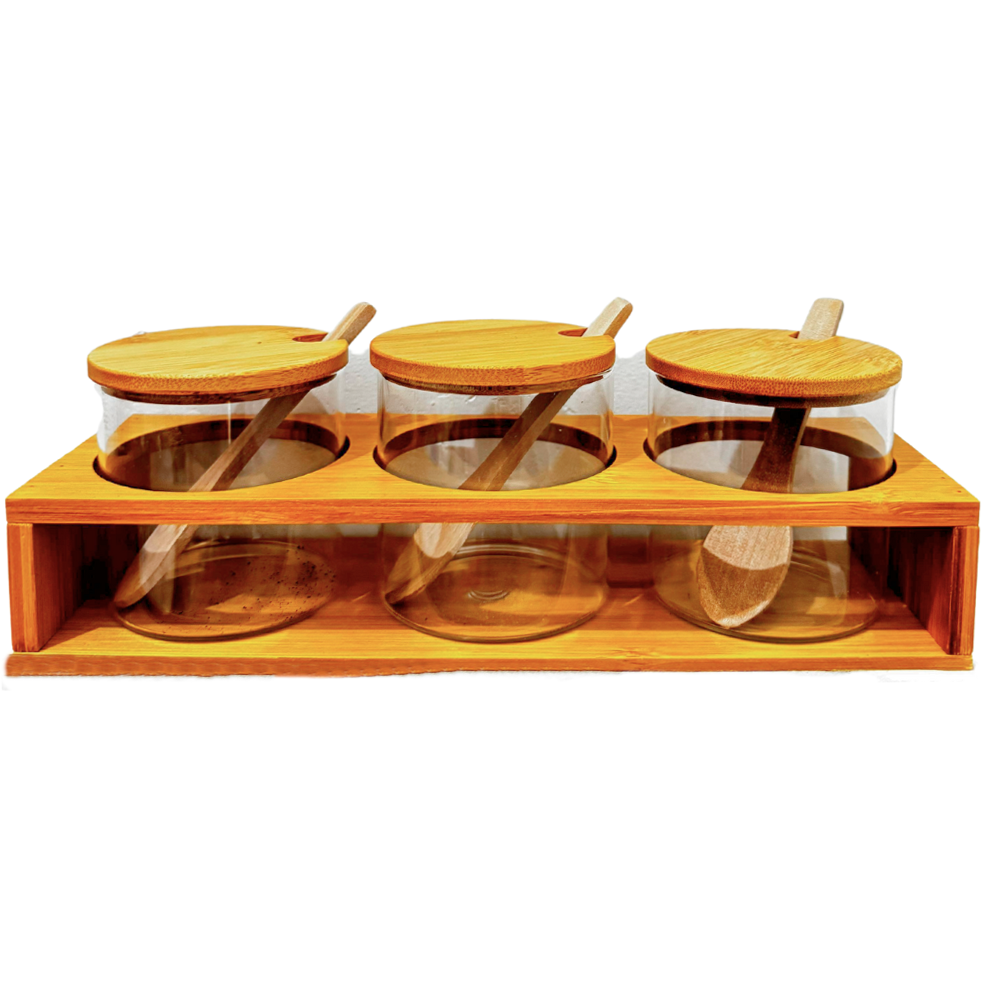 Set 3 Especieros De Vidrio Con Tapa Y Cuchara De Bambú Y Base Organizadora