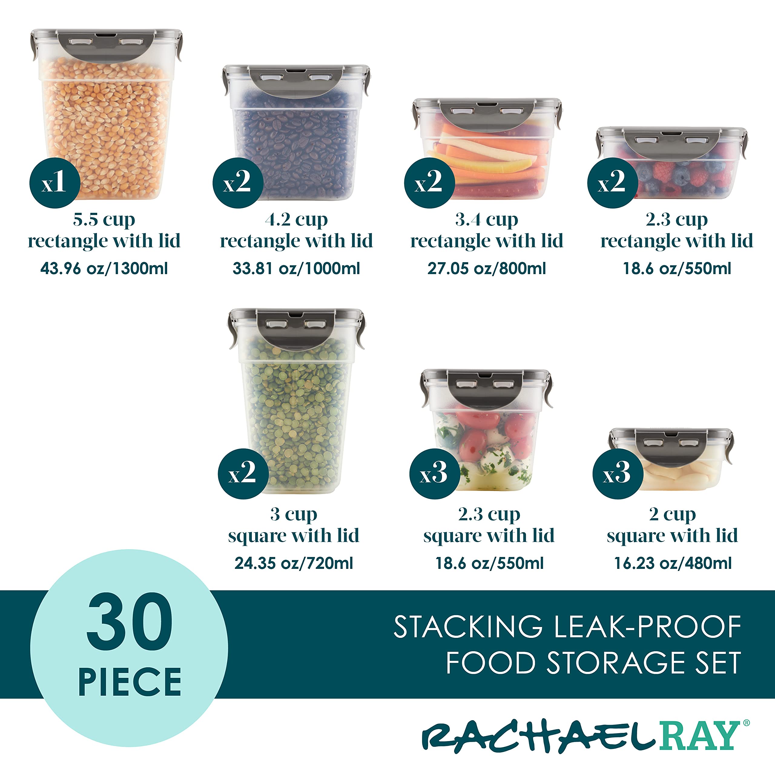 Foto 3 pulgar | Juego De Recipientes De Almacenamiento De Alimentos Rachael Ray, 30 Piezas, Transparente/gris - Venta Internacional.