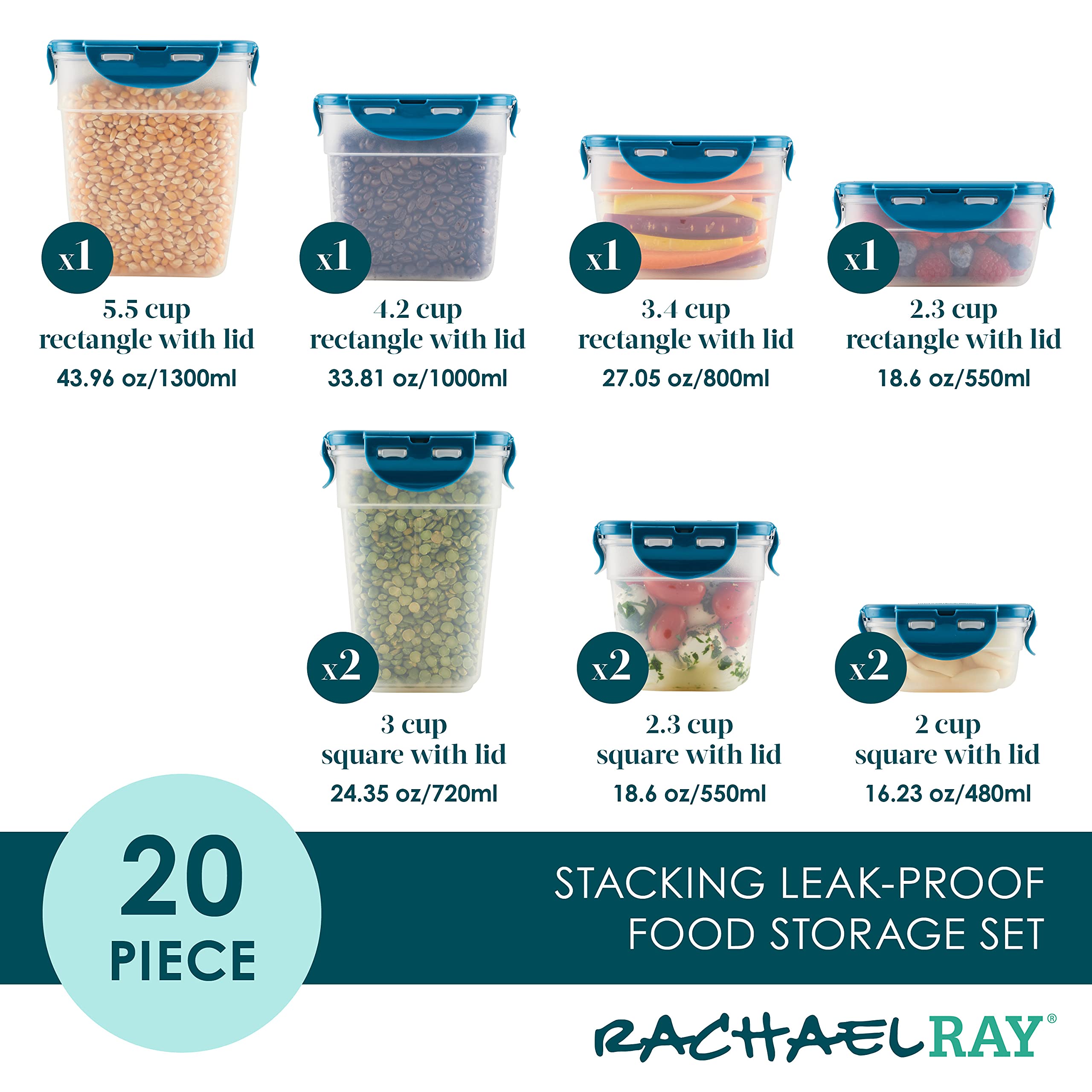 Foto 3 pulgar | Juego De Recipientes De Almacenamiento De Alimentos Rachael Ray, 20 Piezas, Transparente/verde Azulado - Venta Inte