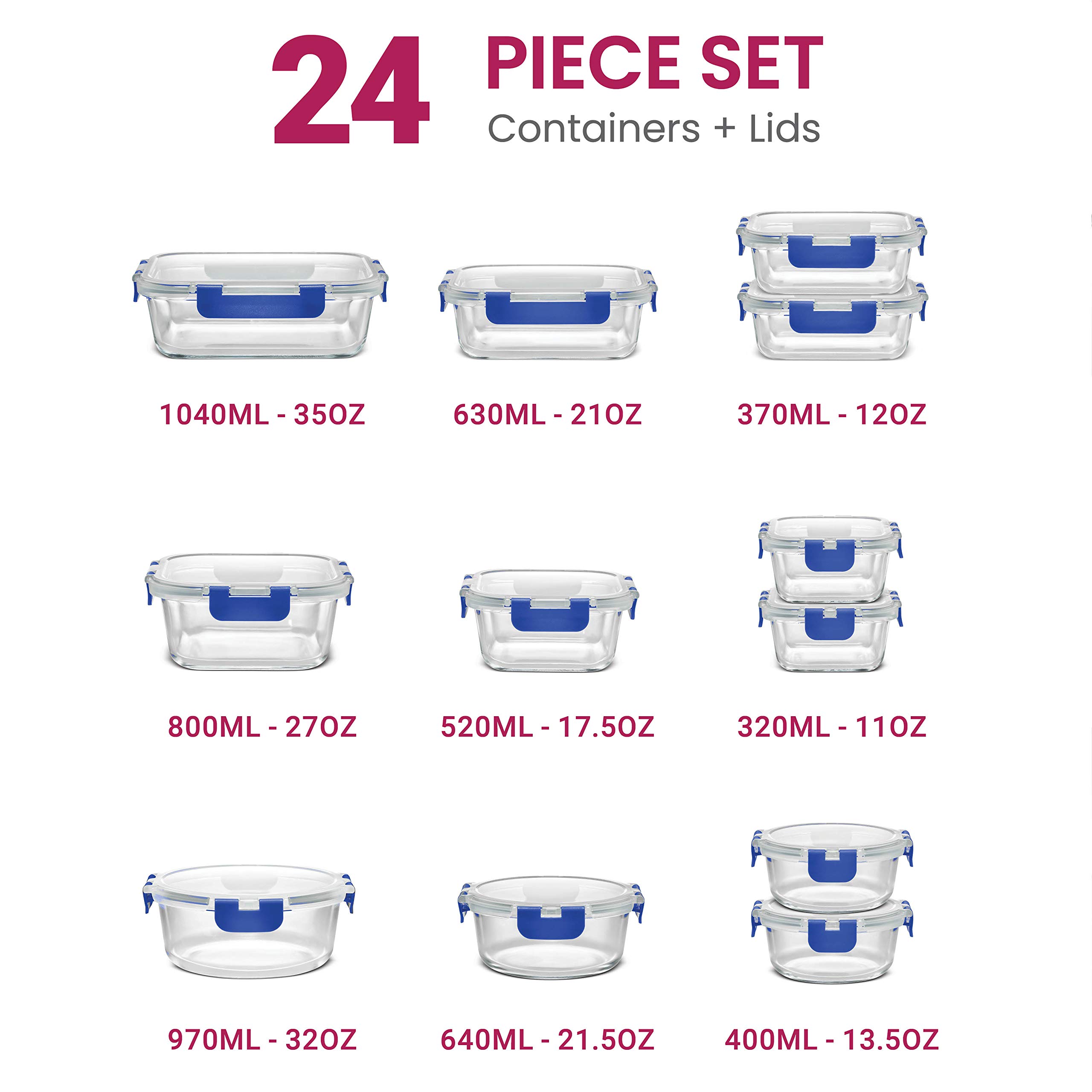 Foto 3 pulgar | Recipientes De Vidrio Finedine De 24 Piezas Con Tapas Azules - Venta Internacional.
