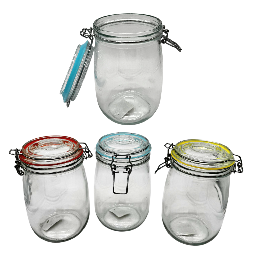 Set 4 Frascos Especieros De Vidrio Templado 1lt  Cerrado Hermético Con Clip