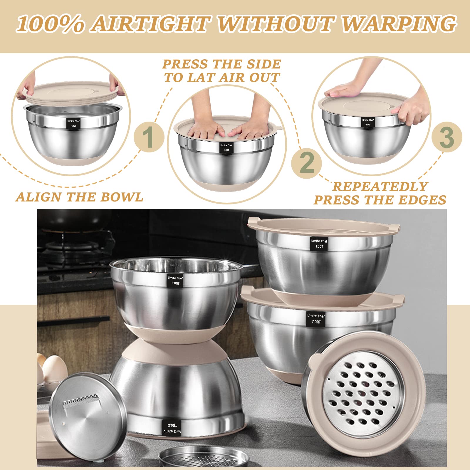 Foto 7 | Juego De Cuencos Para Mezclar Umite Chef De Acero Inoxidable Con Tapas Herméticas - Venta Internacional.