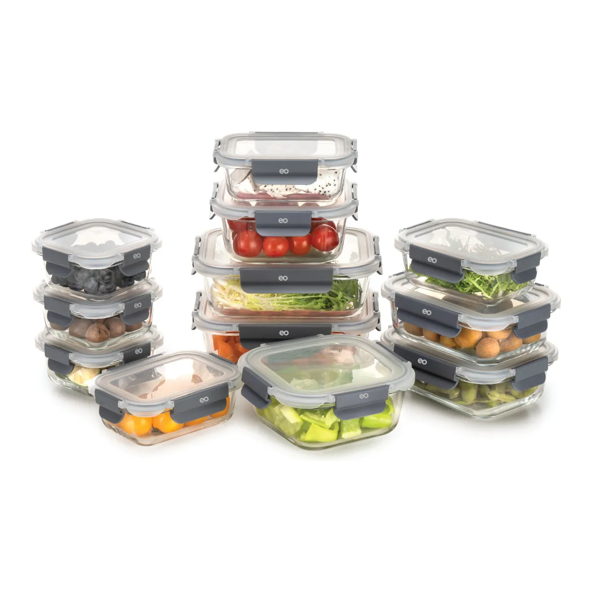 Contenedores Tóper De Vidrio Herméticos Con Tapa Juego 12 Recipientes Eo Safe Imports Esi-18936 Gris