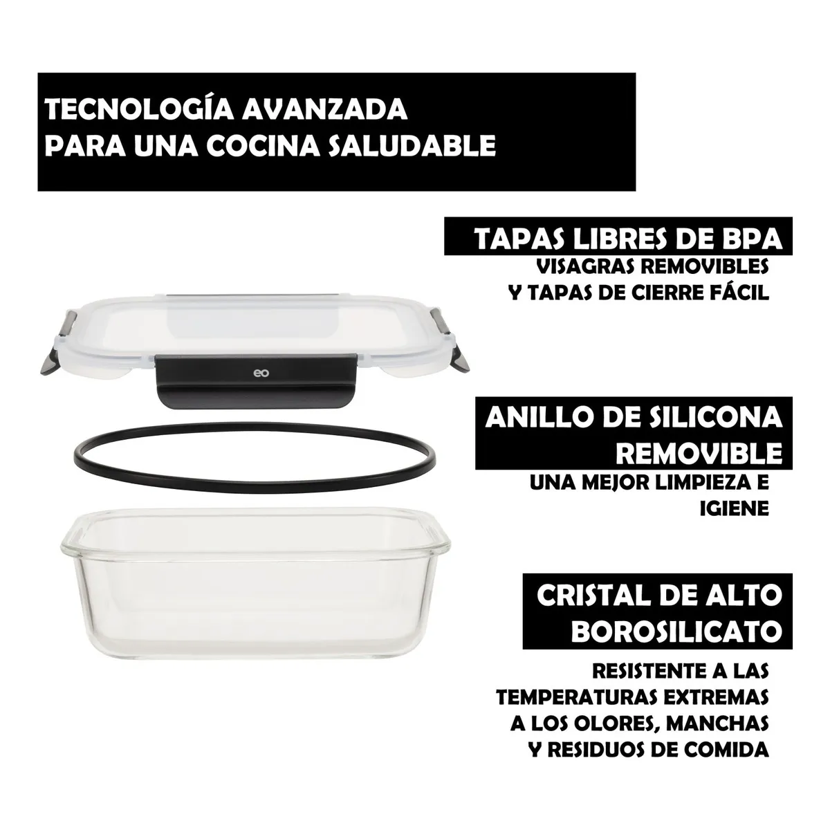 Foto 3 pulgar | Juego De 4 Contenedores Recipientes Grandes De Vidrio Para Comida Eo Safe Imports Esi-18937 Color Negro