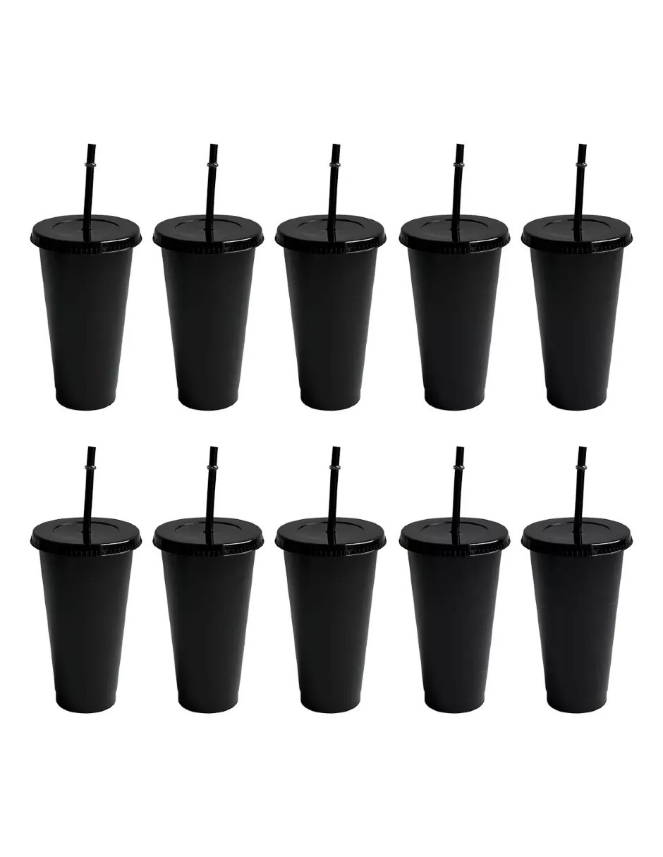 Foto 2 | 10 Vasos Negros Reutilizables Con Tapa 710ml + Gratis Termo Güish De Regalo