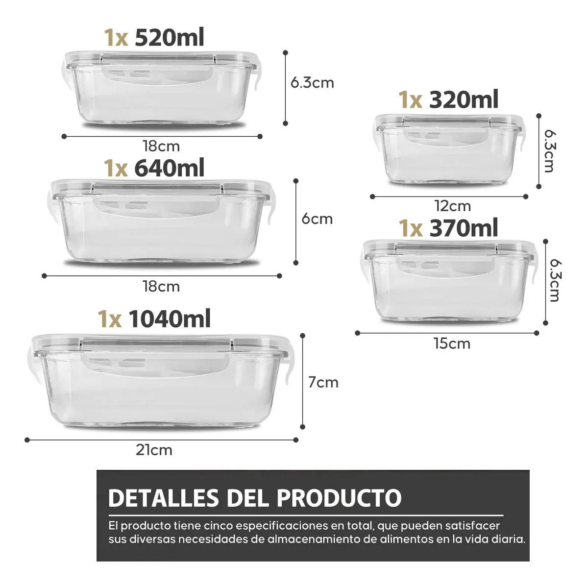 Foto 3 pulgar | Contenedores De Vidrio Herméticos Con Tapa Juego 5pcs Eo Safe Imports Esi-20598 Transparente
