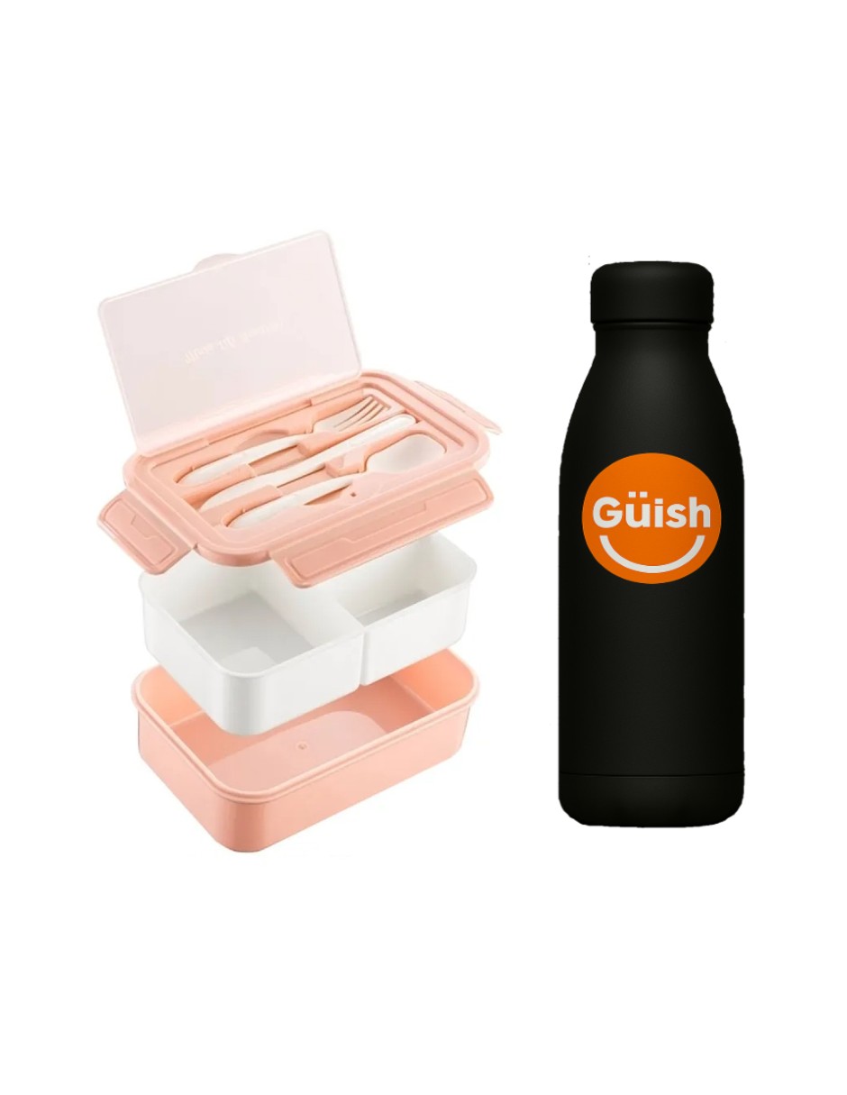 Box Lunch Con Topper Y Cubiertos Capacidad 1100ml+lunchbolsa Rosa + Gratis Termo Güish De Regalo
