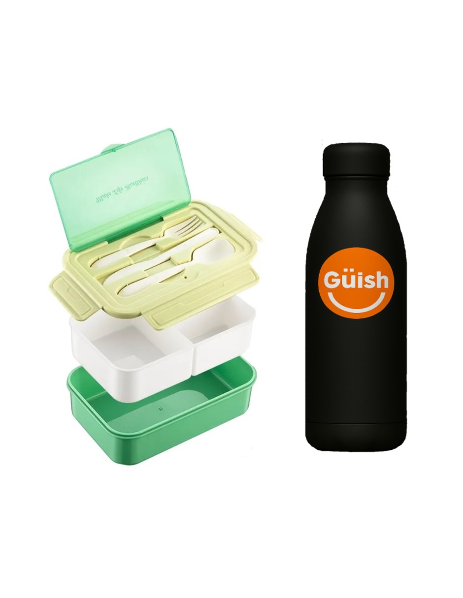 Foto 2 pulgar | Box Lunch Con Topper Y Cubiertos Capacidad 1100ml+lunchbolsa Verde + Gratlis Termo Güish De Regalo