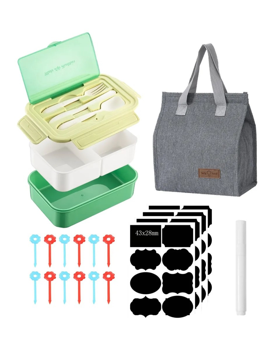 Foto 5 pulgar | Box Lunch Con Topper Y Cubiertos Capacidad 1100ml+lunchbolsa Verde + Gratlis Termo Güish De Regalo