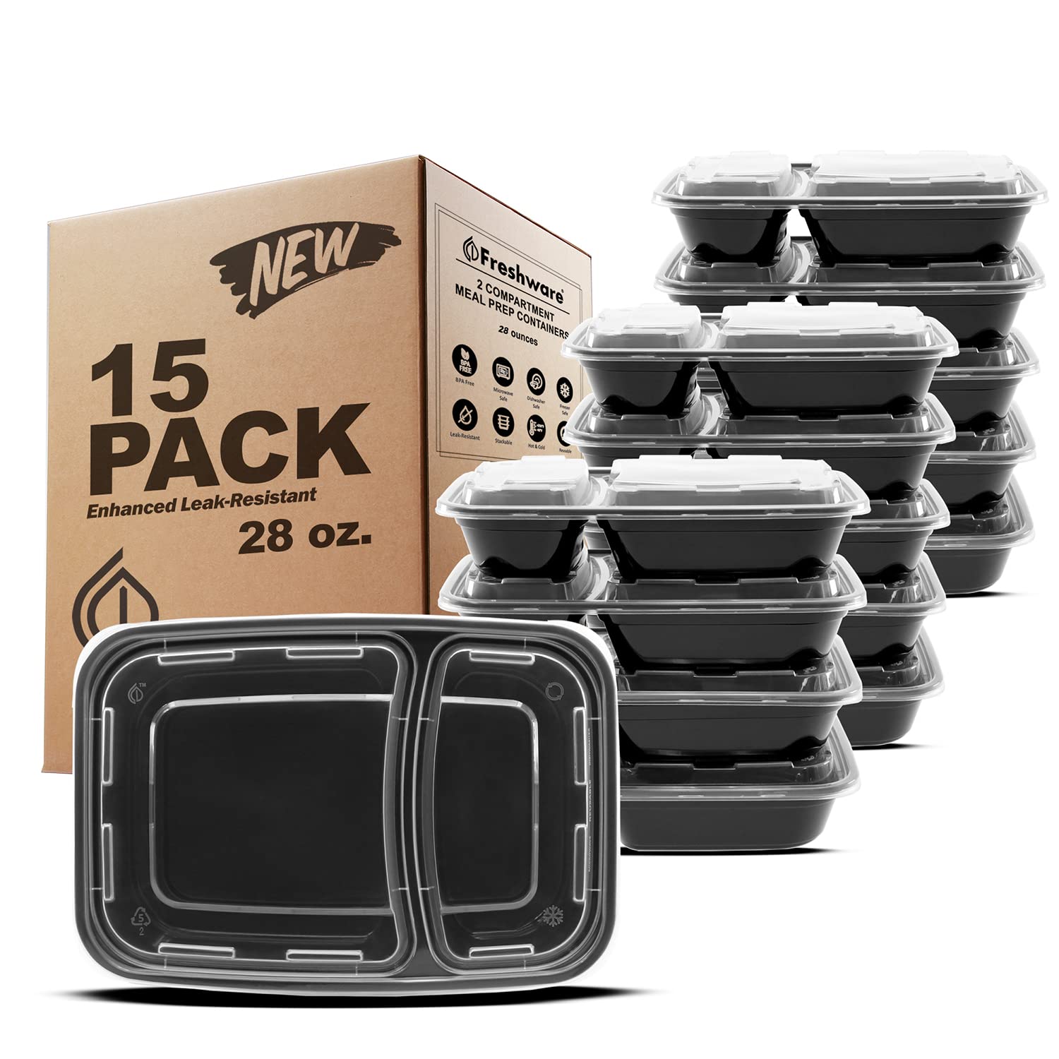 Foto 1 | Recipientes Para Preparación De Comidas Freshware  Paquete De 15  2 Compartimentos  840 Ml - Venta Internacional.