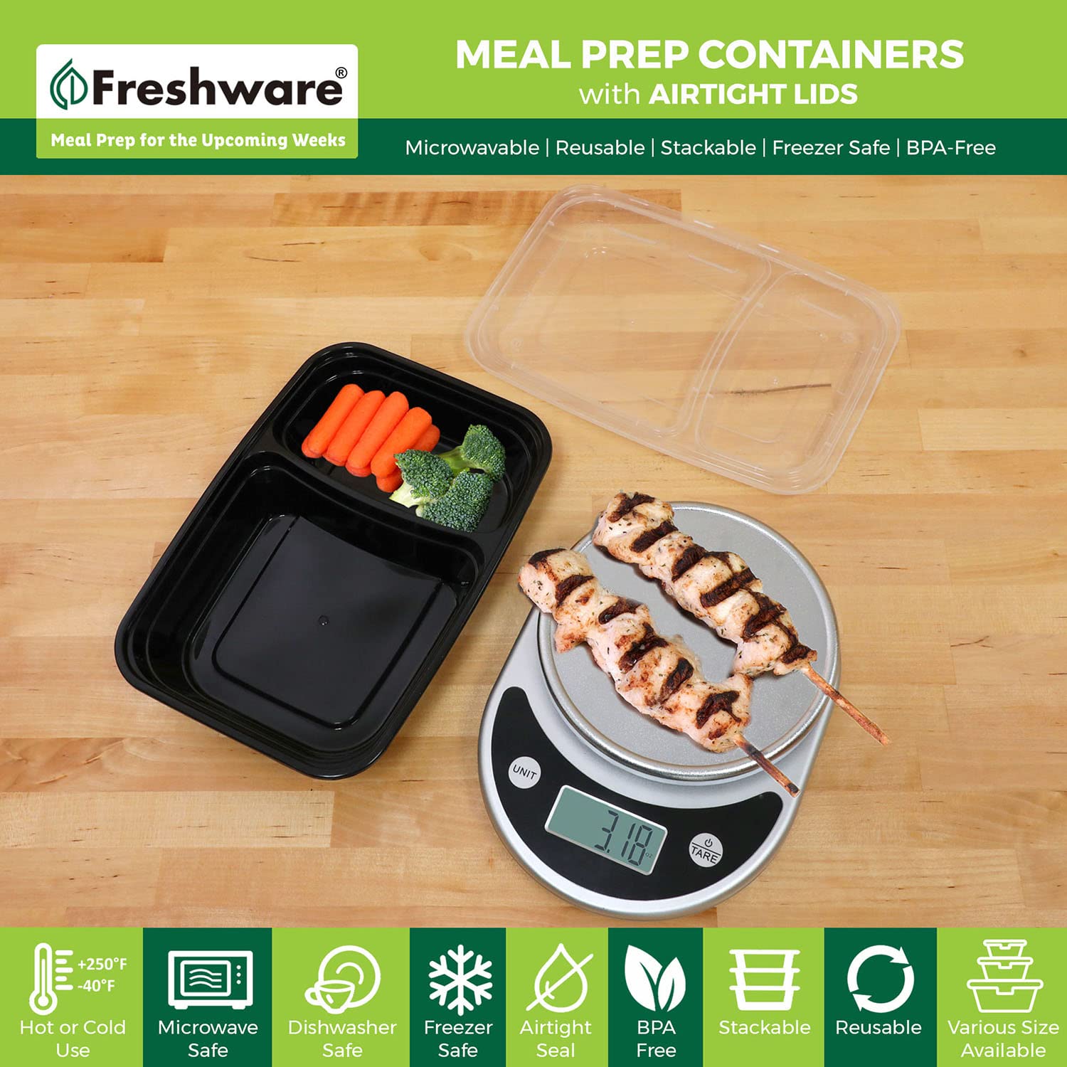 Foto 3 pulgar | Recipientes Para Preparación De Comidas Freshware  Paquete De 15  2 Compartimentos  840 Ml - Venta Internacional.