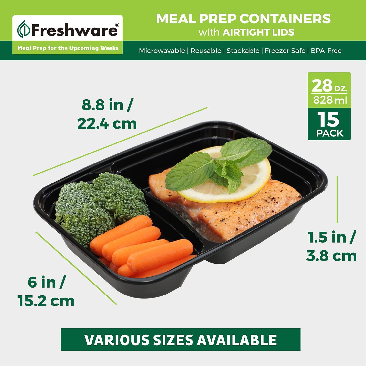 Foto 5 pulgar | Recipientes Para Preparación De Comidas Freshware  Paquete De 15  2 Compartimentos  840 Ml - Venta Internacional.