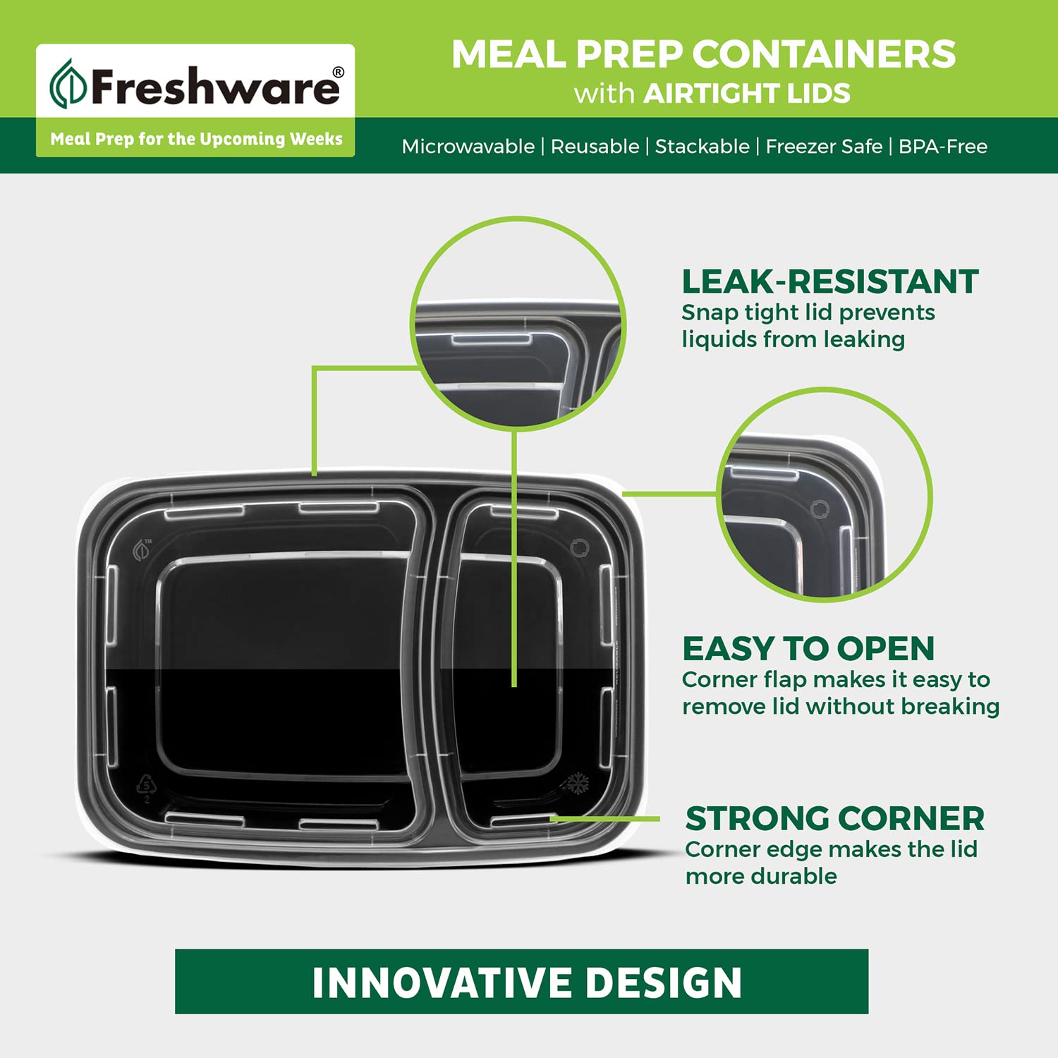 Foto 5 | Recipientes Para Preparación De Comidas Freshware  Paquete De 15  2 Compartimentos  840 Ml - Venta Internacional.