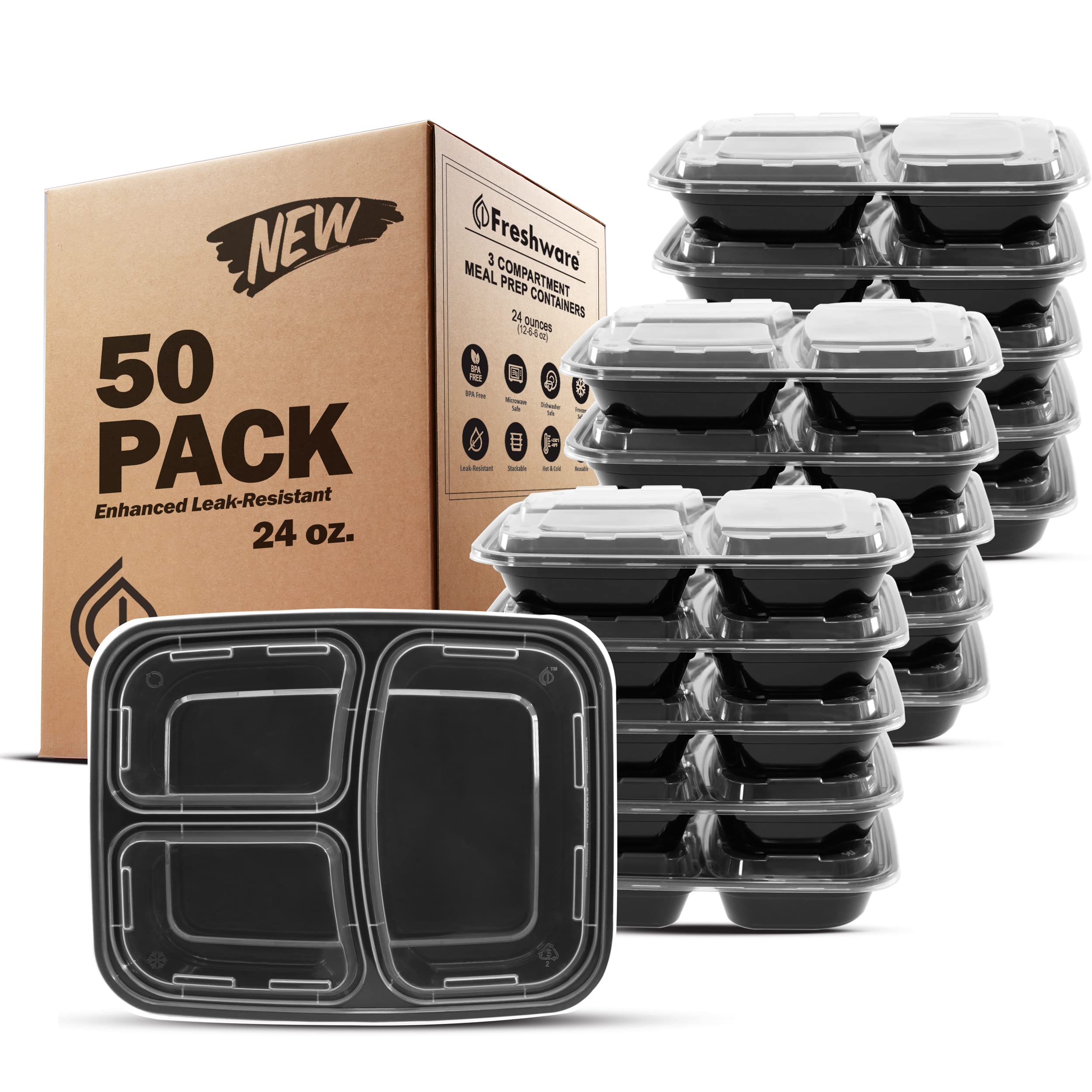 Foto 1 | Recipientes Para Preparación De Comidas Freshware  Paquete De 50 Unidades  3 Compartimentos  700 Ml - Venta Internaci