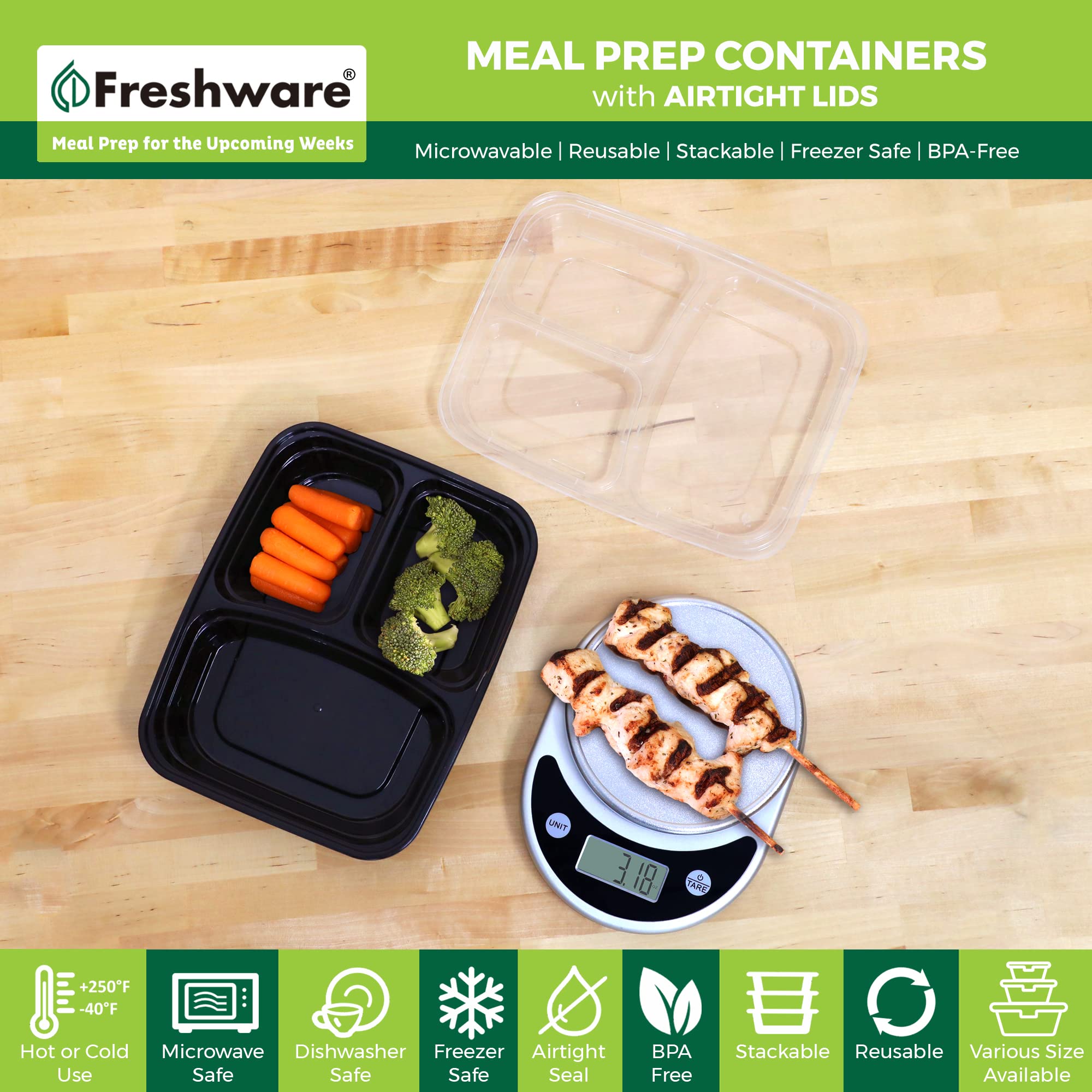 Foto 3 pulgar | Recipientes Para Preparación De Comidas Freshware  Paquete De 50 Unidades  3 Compartimentos  700 Ml - Venta Internaci