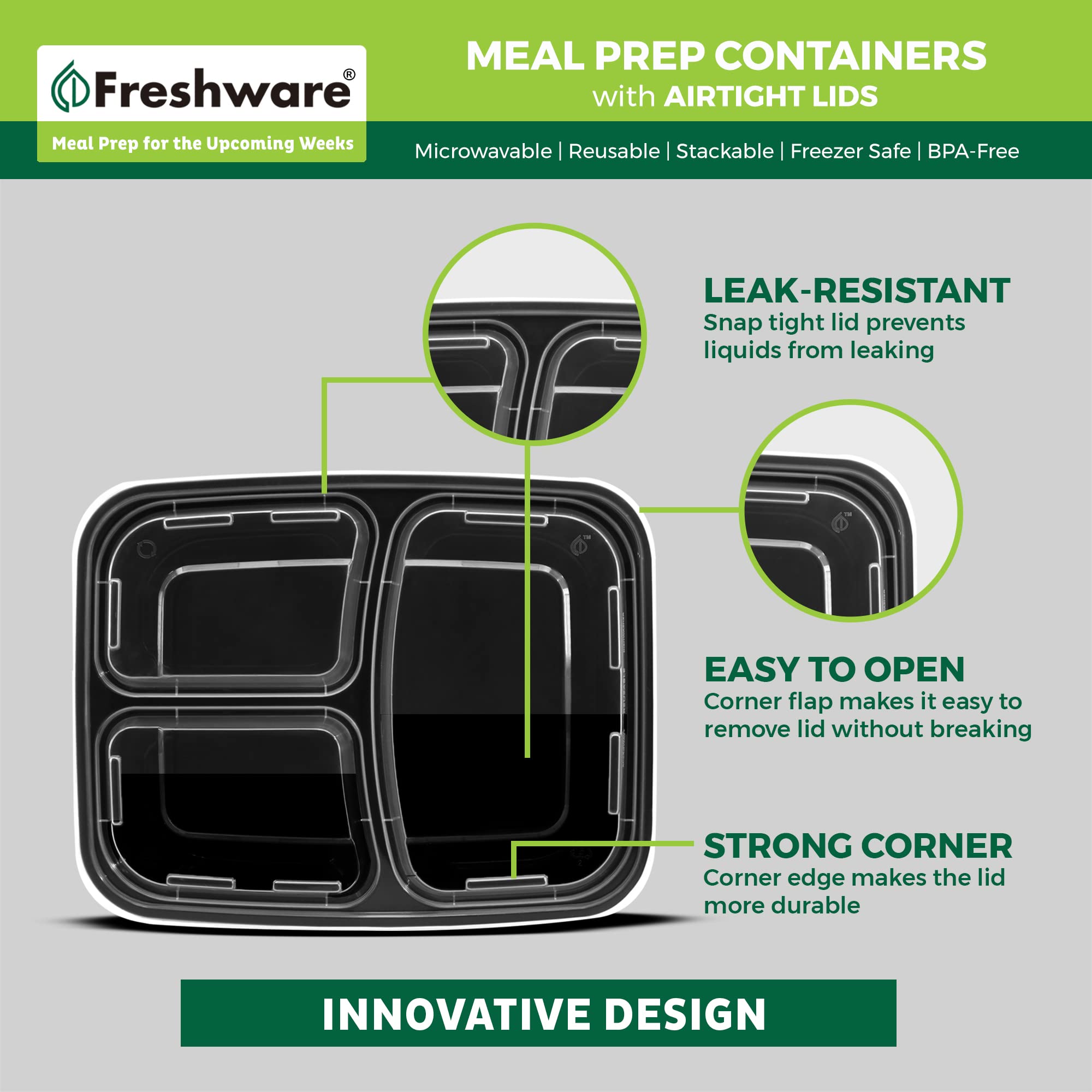 Foto 6 pulgar | Recipientes Para Preparación De Comidas Freshware  Paquete De 50 Unidades  3 Compartimentos  700 Ml - Venta Internaci