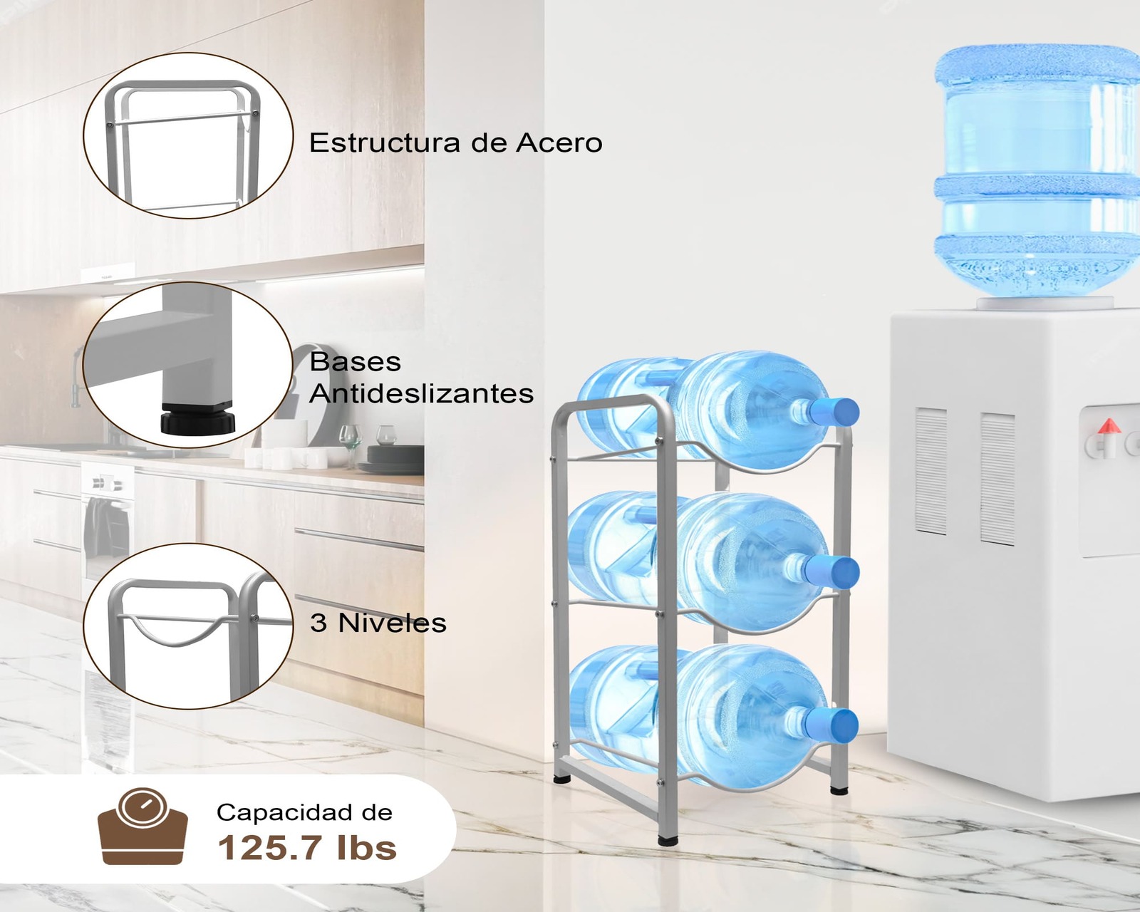 Foto 5 pulgar | Estantería Para Garrafones Mu:4life Mu-ptg-2-g Gris Con Estructura De Acero Resistente Y Desmontable Para 3 Botellas