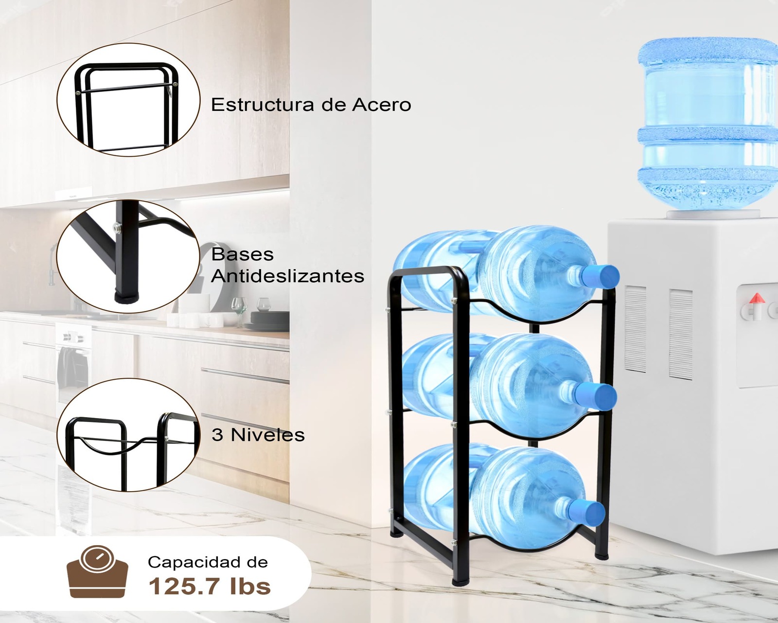 Foto 5 pulgar | Estantería Para Garrafones Mu:4life Mu-ptg-2-n Negro Con Estructura De Acero Resistente Y Desmontable Para 3 Botellas