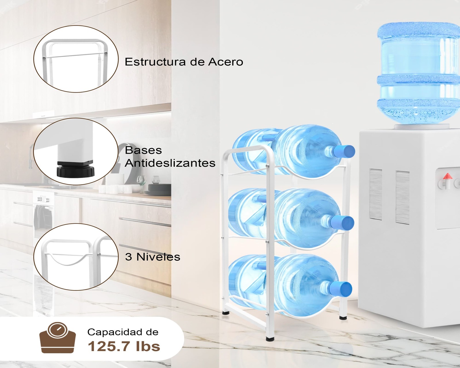 Foto 5 pulgar | Estantería Para Garrafones Mu:4life Mu-ptg-2-b Blanco Con Estructura De Acero Resistente Y Desmontable Para 3 Botellas