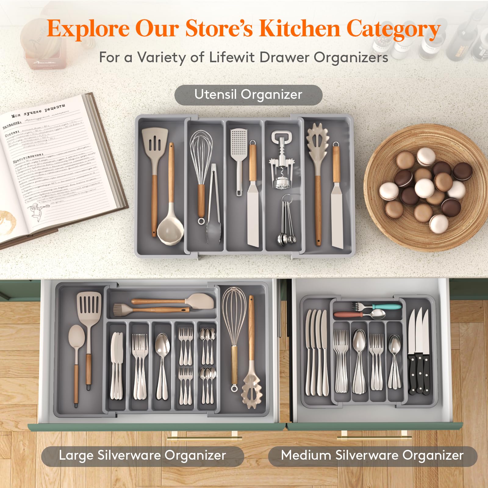 Foto 4 | Organizador De Cajones Para Cubiertos Lifewit, Expandible, Sin Bpa, Gris - Venta Internacional.