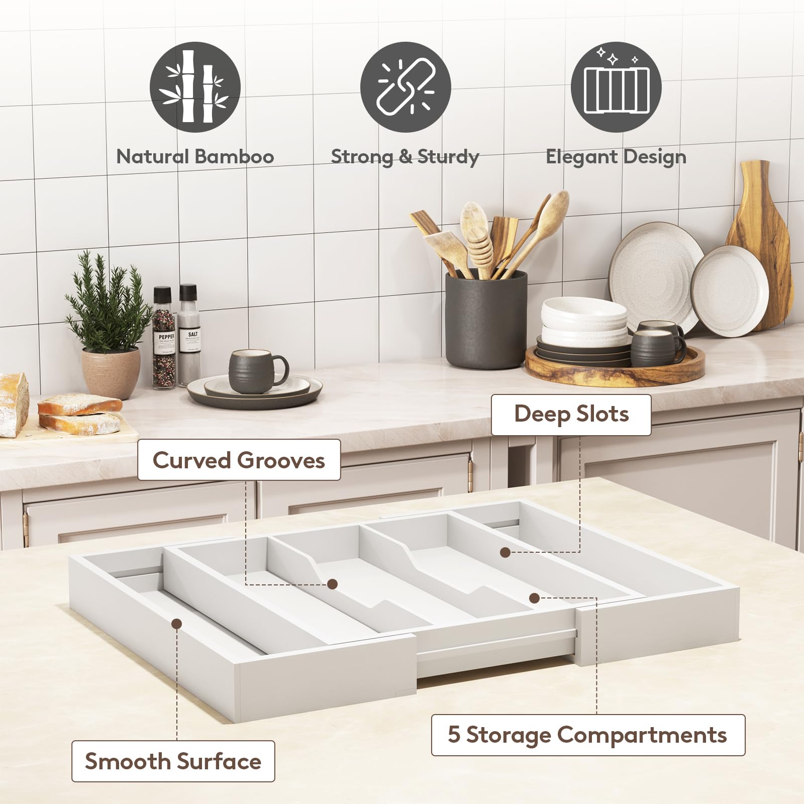 Foto 6 | Organizador De Utensilios Lifewit, Expandible, De Bambú, Blanco, Tamaño Grande - Venta Internacional.