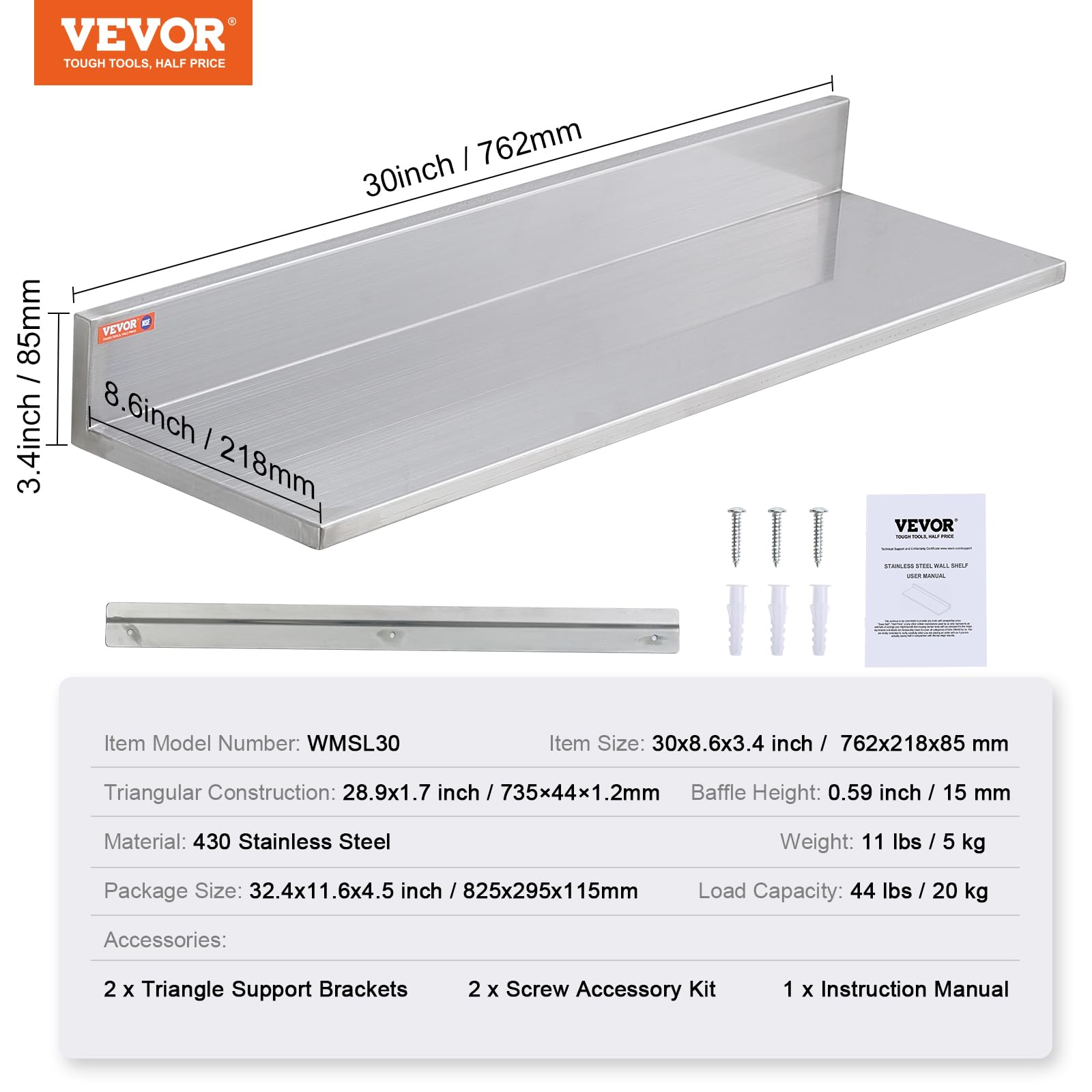 Foto 7 | Estante De Acero Inoxidable Vevor De 8,6 X 30 Cm Con Tapón Para Salpicaduras De 20 Kg. - Venta Internacional.