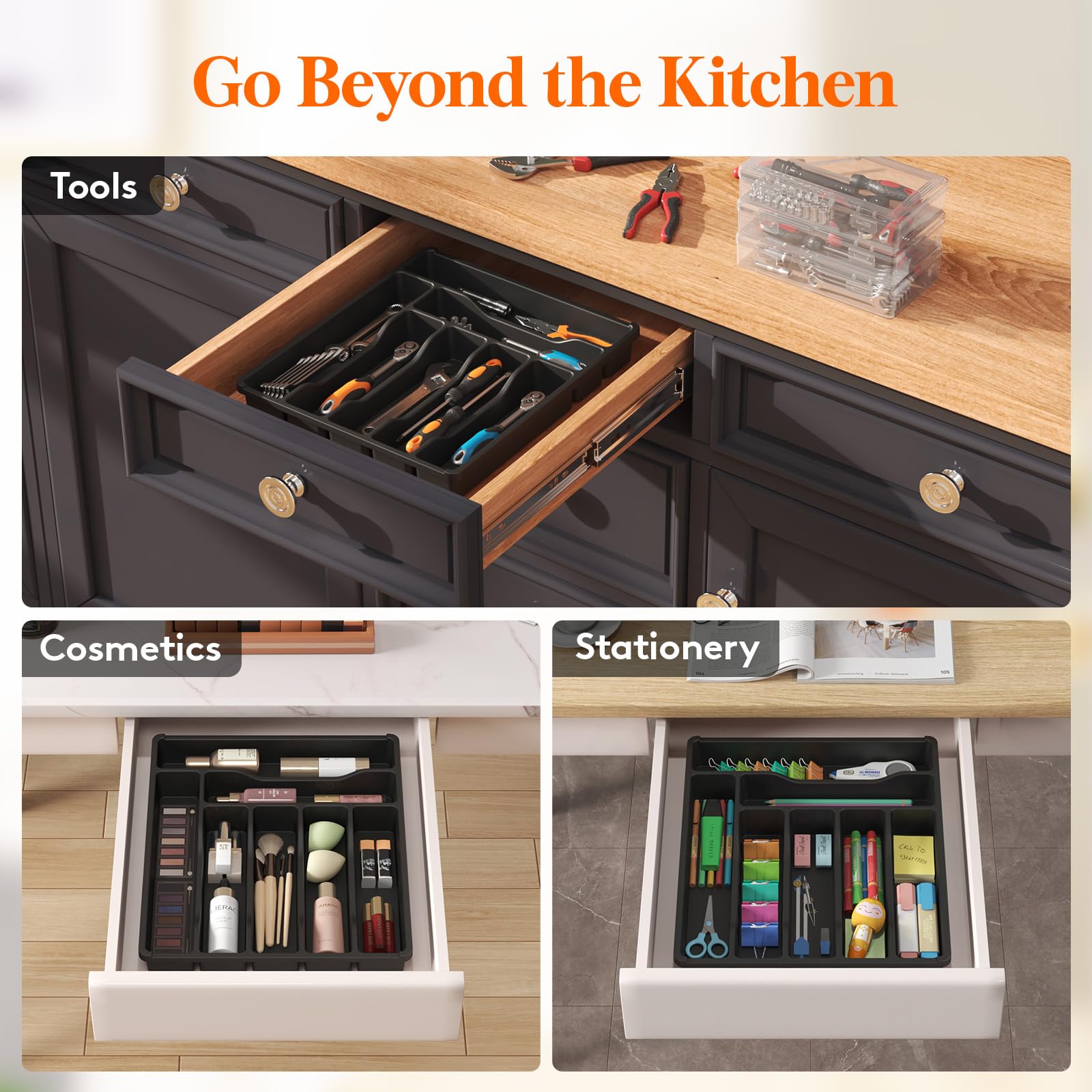 Foto 6 | Bandeja Organizadora De Cajones Lifewit Para Cubiertos De Plástico, Color Negro - Venta Internacional.