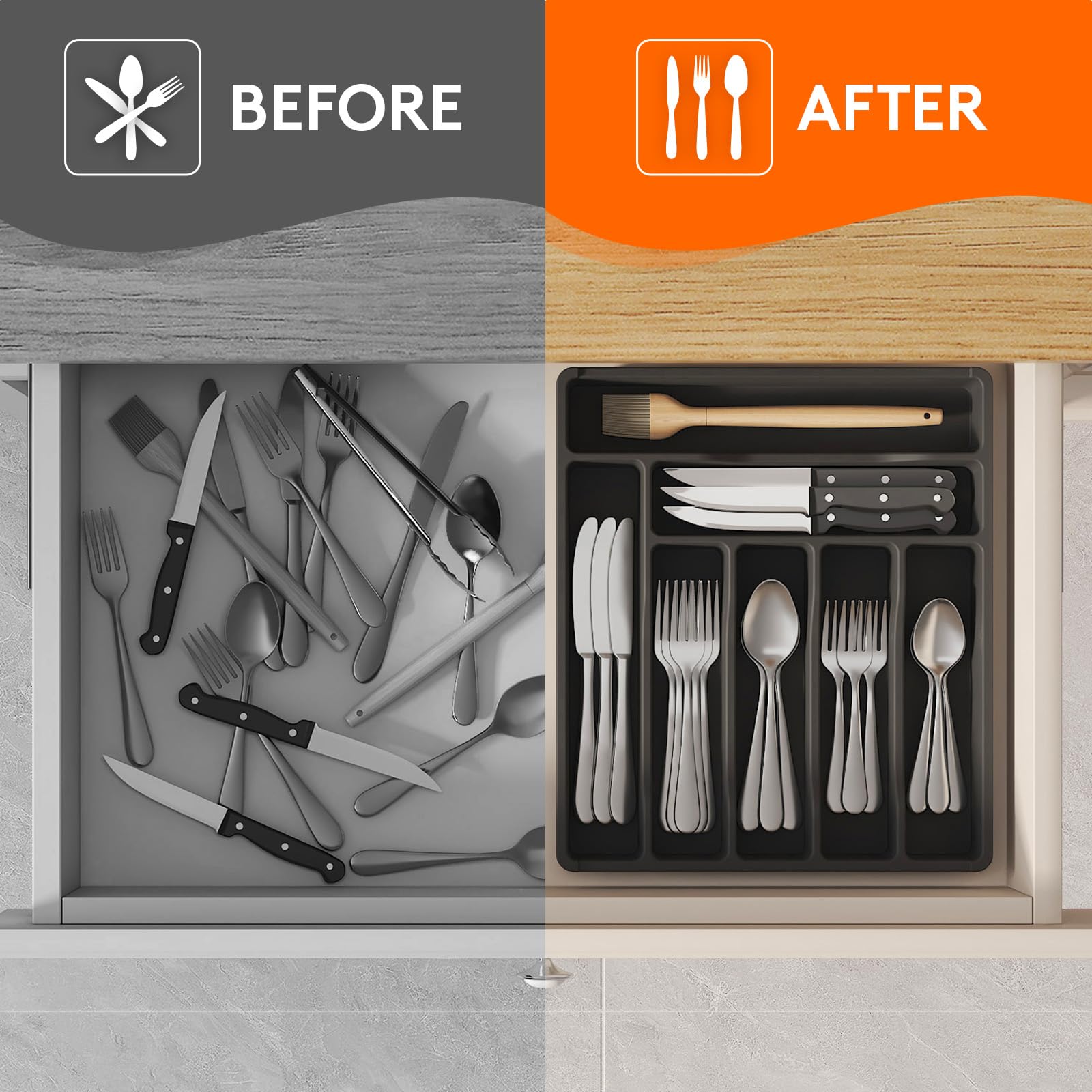 Foto 7 | Bandeja Organizadora De Cajones Lifewit Para Cubiertos De Plástico, Color Negro - Venta Internacional.